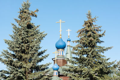 Wooden domes with golden crosses of the orthodox church against the blue sky.