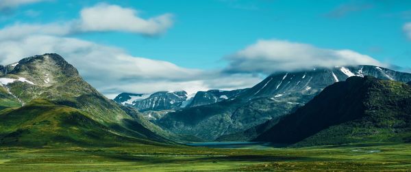 Scenic view of snowcapped mountains against sky