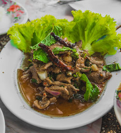 High angle view of fresh meal served on table at restaurant