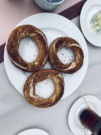 High angle view of breakfast served on table