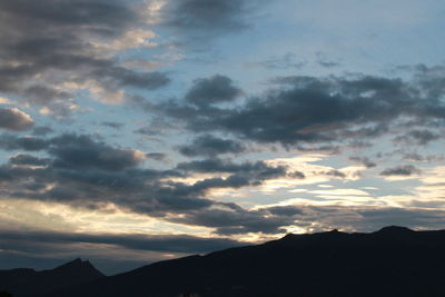 Low angle view of silhouette mountain against dramatic sky