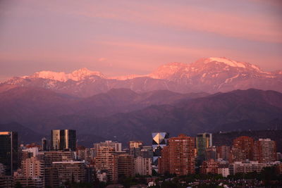 High angle view of buildings against sky during sunset