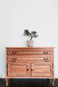 Potted plant on table against wall at home