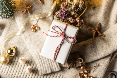 High angle view of christmas decoration on table