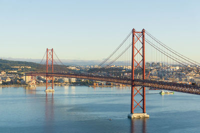 Suspension bridge over river against clear sky