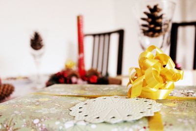 Close-up of christmas gift on table