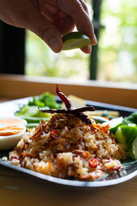 Close-up of meal served on table