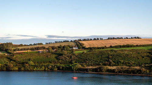 Scenic view of field by river against sky