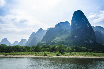 Scenic view of lake and mountains against sky