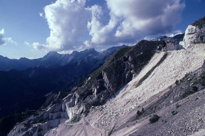 Panoramic view of land and mountains against sky