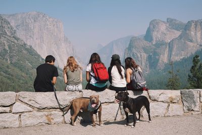 Rear view of friends with dogs sitting against mountains