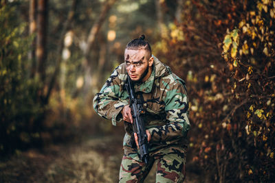 View of soldier in forest