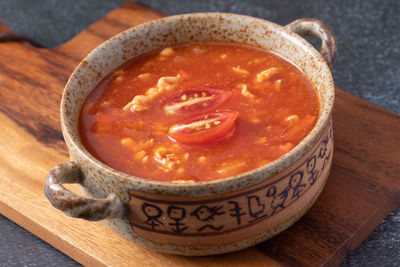 Close-up of soup in bowl on table