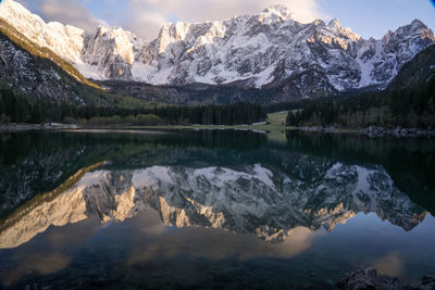 Scenic view of lake and snowcapped mountains against sky