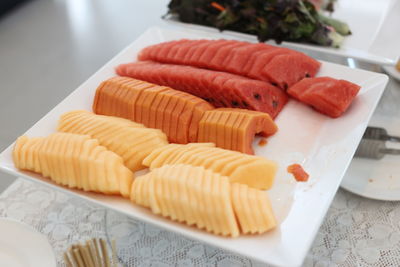 High angle view of meat in plate on table