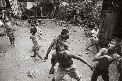 High angle view of children on people