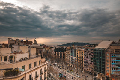 High angle view of city against cloudy sky