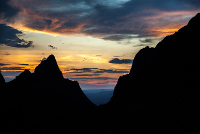 Silhouette of mountain against dramatic sky