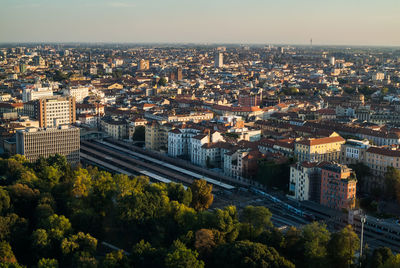 High angle view of buildings in city