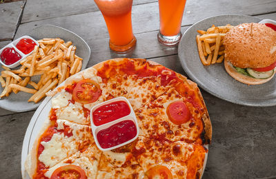 High angle view of pizza on table