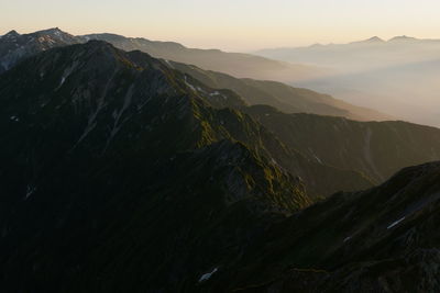 Scenic view of mountains against sky during sunset