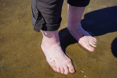 Low section of men standing on sand at beach