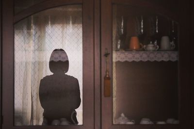 Rear view of woman looking through window