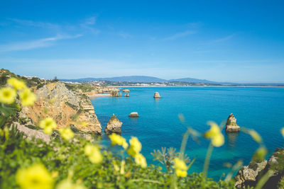 Scenic view of sea against blue sky