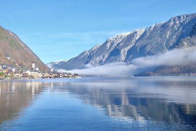 Scenic view of lake and snowcapped mountains against sky