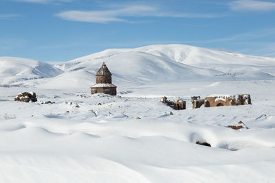 View of snowcapped mountain against blue sky