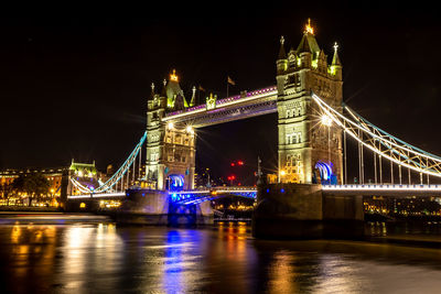 Illuminated bridge over river at night