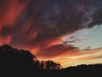 Silhouette trees against dramatic sky during sunset