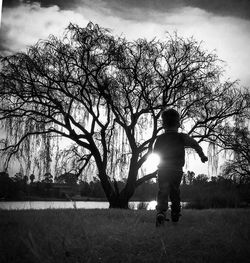 Rear view of boy standing on field against trees