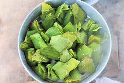 High angle view of green leaves in bowl on table