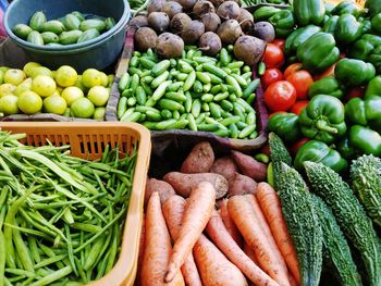 High angle view of vegetables for sale at market stall