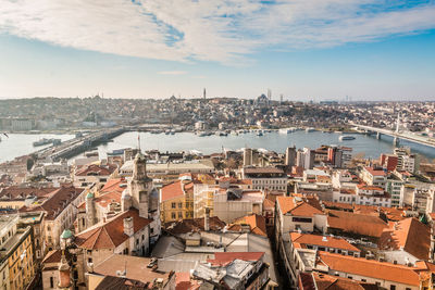 High angle view of buildings in city against sky