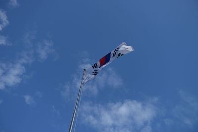 Low angle view of korean flag against blue sky