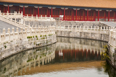 Reflection of building in channel with two tourists walking along, forbidden city, beijing, china
