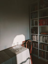 View of books on table at home