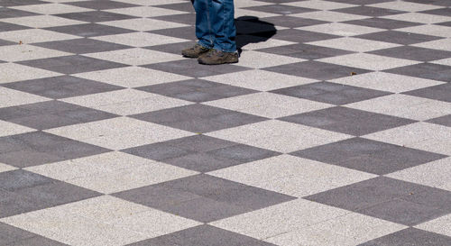 Low section of man standing on tiled floor