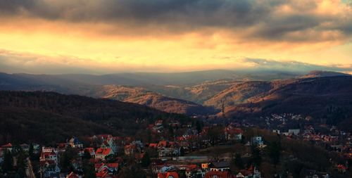 High angle view of townscape against sky during sunset