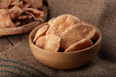 Close-up of breakfast in basket on table