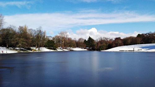 Scenic view of lake against sky during winter
