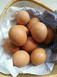 High angle view of eggs in basket