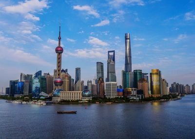 Oriental pearl tower and skyscrapers in front of river