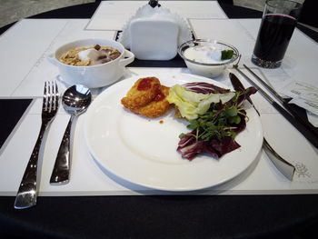 High angle view of food in plate on table