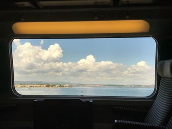 Scenic view of sea seen through train window