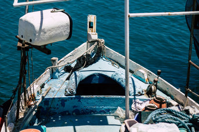 High angle view of fishing boat sailing in sea