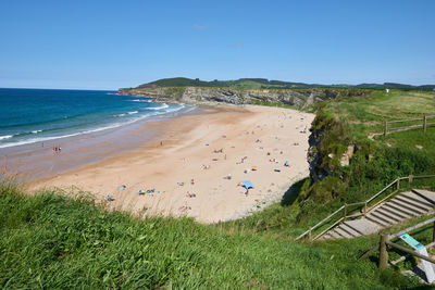 An unspoiled beach surrounded by vegetation on a beautiful summer day.