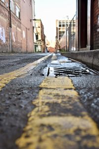 Surface level of road along buildings